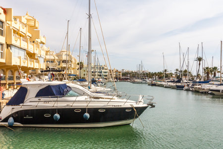 Benalmadena, Spain - September 4th 2015: Boats moored in the marina. The port has a capacity of over a thousand moorings.のeditorial素材