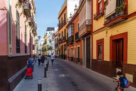 Seville, Spain - September 3rd 2015: Typical residential street in the old part of the city. Seville is the capial of Andalusiaのeditorial素材