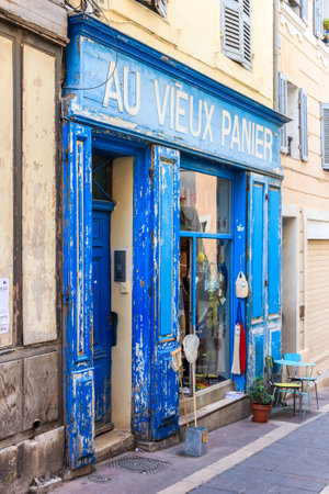 Marseille, France - September 8th 2015 : An old shop front. The old Port area has many old buildings.のeditorial素材