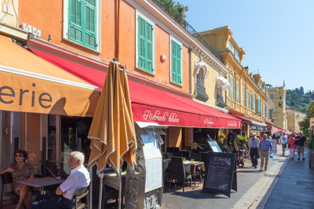 Nice, France - September 9th 2015 : A row of restaurants in Old Nice. The area is popular with tourists.のeditorial素材