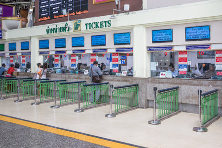 Bangkok, Thailand - September 27th 2018: Hua Lamphong railway station ticker counter. Trains leave here for north and south Thailand.のeditorial素材