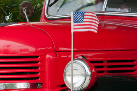 Phuket, Thailand - June 4th 2912: Classic American Dodge truck and US flag. The vehicle has been restored.のeditorial素材