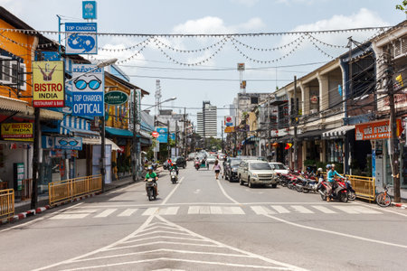 Phuket, Thailand - July 23rd 2014: View down Phang Nga Road. This is in the heart of the old town.のeditorial素材