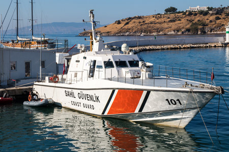 Bodrum, Turkey - September 18th 2019: Coast Guard vessel moored in the inner harbour. The service is responsible for security of the coast and territorial waters.のeditorial素材