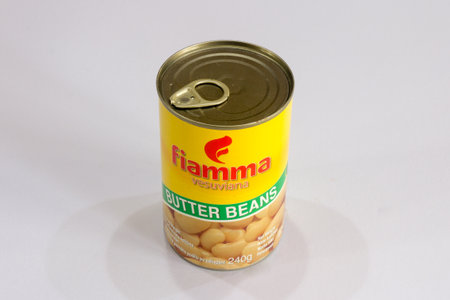 Phuket, Thailand - August 1st 2019: Tin of Fiamma Vesuviana butter beans. The beans are also known as lima beansのeditorial素材