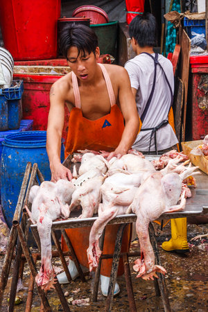 Bangkok, Thailand - 6th September 2009: Chicken vendor  on Khlong Toei market. The market is the largest wet market in the city.のeditorial素材