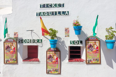 Mijas, Spain - August 27th 2015: Bullring ticket office. The town is a popular expat and tourist destination.のeditorial素材