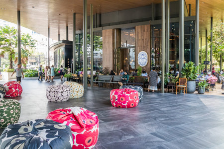 Bangkok, Thailand - January 9th 2020: Bean bags outside a restaurant in Sindhorn village. The complex is located on Lang Suan Road.のeditorial素材
