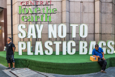 Bangkok, Thailand - October 23rd 2019: Sign outside Central shopping mall. There is a campaign to reduce plastic wasterのeditorial素材