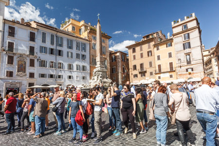 Rome, Italy - September 109th 2017: People queueing to get into the Pantheon. It is a Roman church with historic tombs.のeditorial素材