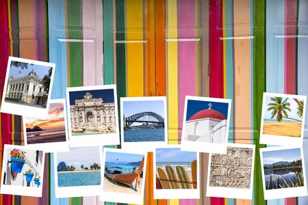 Travel photos on colourful doors backgroundの写真素材