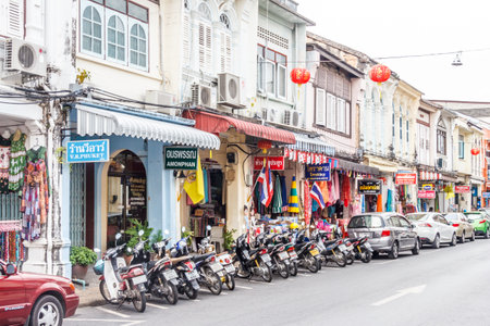 Phuket Town, Thailand - February 22nd 2013: Sino Portuguese architecture shophouses in Thalang Road. Many buildings have been restored.のeditorial素材