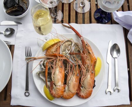 Oysters and prawns served with a glass of white wineの写真素材