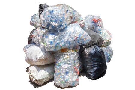 Sacks of plastic bottles waiting to be recycled, Bangkok, Thailandの写真素材
