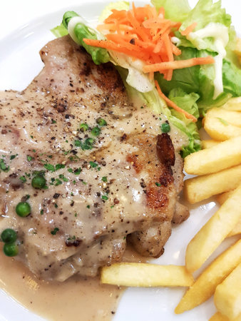 grilled steak with french friesの写真素材