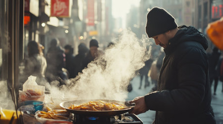 A close-up shot of a street vendor preparing food on a bustling urban street, with steam rising from the pan.の素材