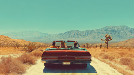 A group of friends on a road trip, driving a convertible car through a desert landscapeの素材