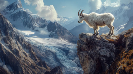 A mountain goat standing on a rocky cliff, overlooking a valley filled with snow and glaciersの素材