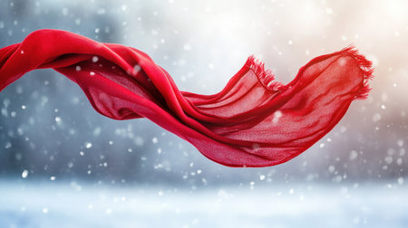 A flowing red scarf in a snowy environment.の素材