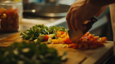 A close-up of a chef slicing vegetables with precision in a professional kitchen, with vibrant ingredients on a cutting board.の素材