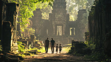 A family walking through an ancient temple complex, surrounded by nature and historyの素材