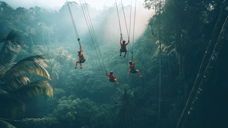 A group of friends ziplining through a tropical rainforest, having the time of their livesの素材