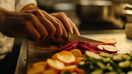 A close-up of a chef slicing vegetables with precision in a professional kitchen, with vibrant ingredients on a cutting board.の素材