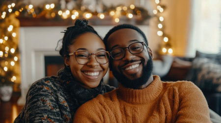A couple smiling as they celebrate New Year's at home with simple decorationsの素材