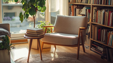 A living room corner with a comfortable armchair, a side table, and a stack of booksの素材