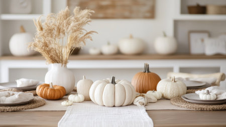 A minimalist Thanksgiving display with neutral tones, pumpkins, and a table runnerの素材