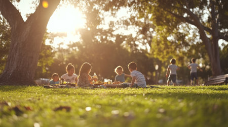 A panning shot of a family having a picnic in a park, with children running around and playing in the background.の素材