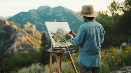 A panning shot of an artist sketching on a canvas in an outdoor setting, with mountains in the background.の素材