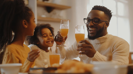 A family cheering with glasses of sparkling juice during a cozy New Yearâs Eve dinnerの素材