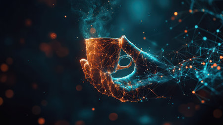 Abstract hand holding steaming coffee cup, digital art, glowing particlesの素材