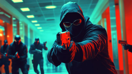 Armed assailants in hallway; aggressive posture; nighttime indoor raid; possible use for action movies, crime thrillersの素材