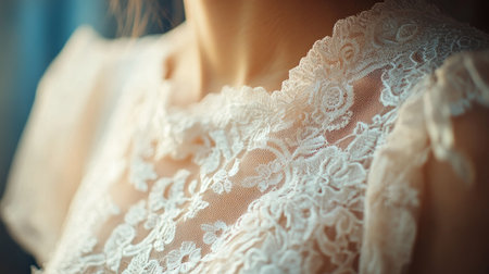 Closeup of wedding lace dress neckline, sunlight through windowの素材