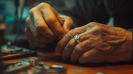 Skilled hands crafting a ring in a jewelry workshopの素材