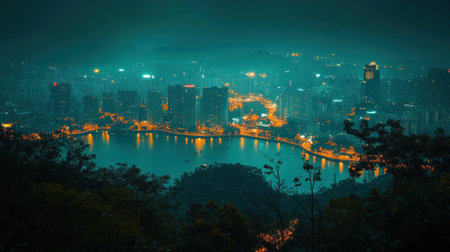 Night city lights reflecting on lake, misty mountaintop viewの素材