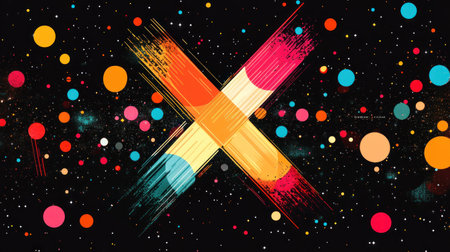Abstract X-shaped design with colorful circles and brush strokes on a starry backgroundの素材
