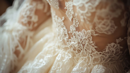 Closeup of Exquisite Wedding Dress Lace Detailの素材