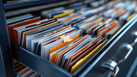 Organized files in dark drawer, office archival storage, background of filing cabinetの素材