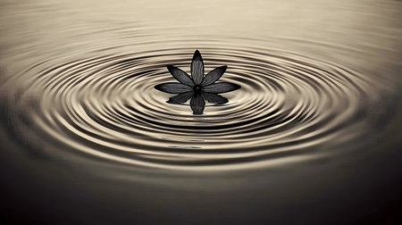 Dark flower floats on water, creating concentric ripples.  Sepia toned, detailed image with smooth texture. Ideal for various design projects.の素材