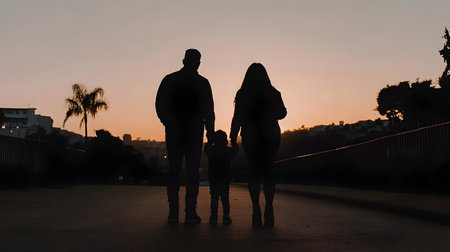 Silhouette of family walking together during sunset, holding hands. Dark, warm colors, evocative mood. Ideal for family, togetherness, or lifestyle concepts.の素材