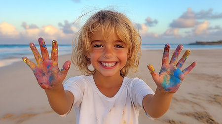 Happy child with colorful painted hands on beach at sunset.  Bright, joyful image with warm colors and soft light. Ideal for family, summer, and childhood themes.の素材