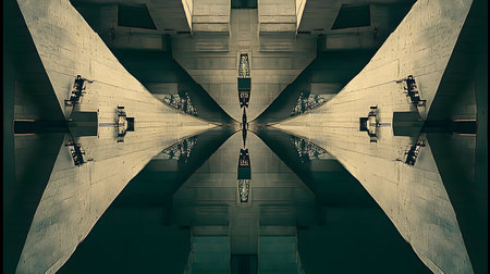 Symmetrical abstract image featuring dark, reflective surfaces and geometric shapes.  Clean lines and cool tones create a modern, architectural feel, ideal for design projects.の素材
