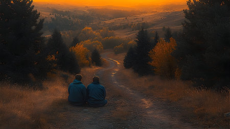 Two figures sit on a path overlooking a scenic autumn landscape at sunset, bathed in warm, golden light. The image features a tranquil scene with painterly textures, ideal for travel or nature themes.の素材