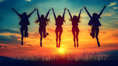 Silhouettes of five women joyfully jumping against a vibrant sunset backdrop. The image features warm colors and dynamic composition, suitable for various commercial and editorial applications.の素材