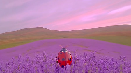 A ladybug in a lavender field at sunset, showcasing vibrant colors and textures. Ideal for nature, environment, and design projects.の素材