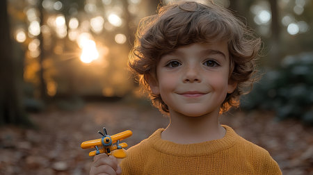 A young boy holds a toy airplane in a forest at sunset. Warm light, soft focus. Ideal for family, childhood, or play themes.の素材