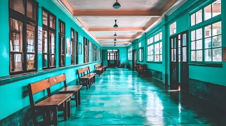 Long corridor with teal walls, wooden benches, and shiny floor.  Bright indoor lighting, symmetrical composition. Ideal for institutional or educational themes.の素材